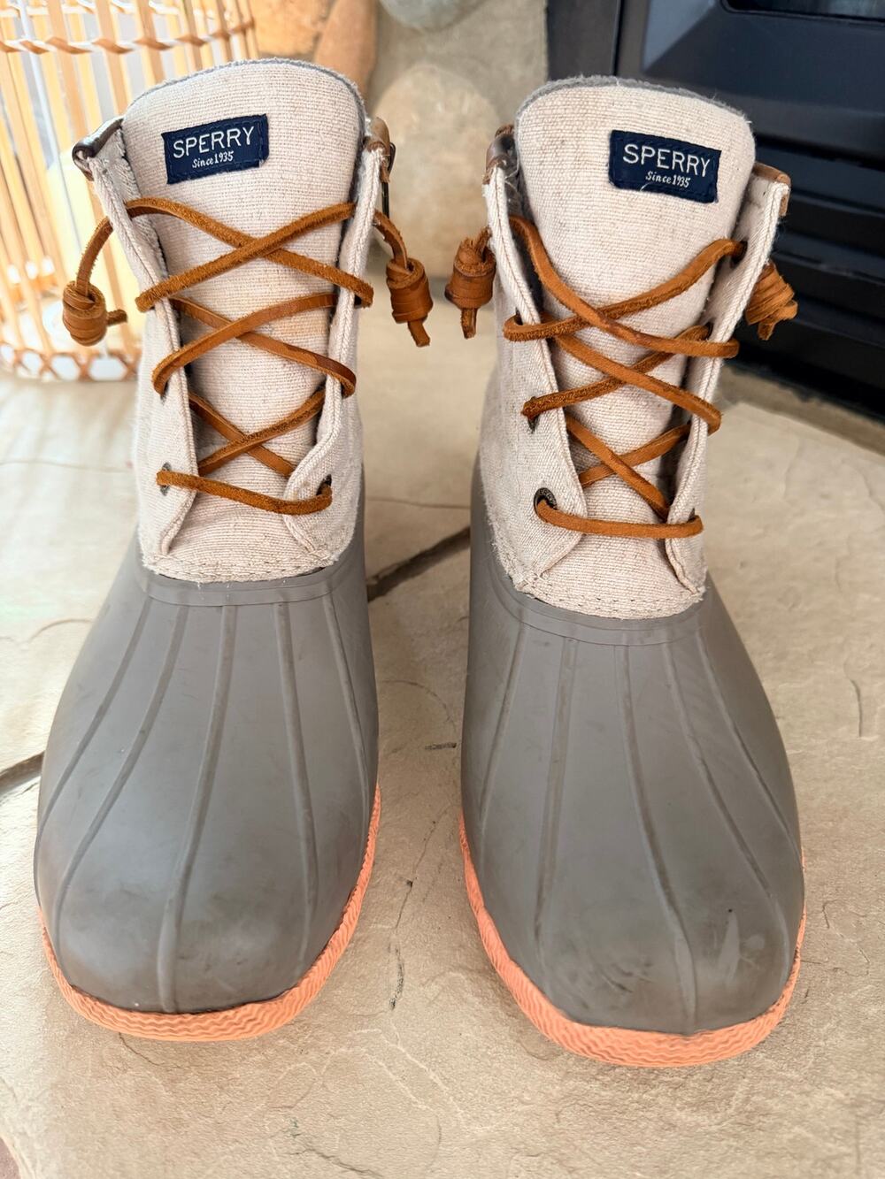 Sperry Women's Saltwater Duck Boots Grey Tan Coral Linen Rose Size 9 STS85226